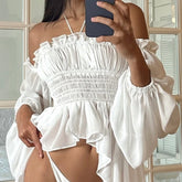 LIZAKOSHT - Off Shoulder Ruffles Sexy Lantern Long Sleeve Halter Backless Fashion All-match Crop Tops Y2K Summer Streetwear Blouses