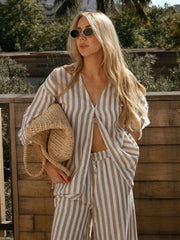 LIZAKOSHT - Striped Female Sleepwear Set Sexy Turn-Down Collar Pajama Long Sleeve Nightgown Pants Loose Casual Women Nightie Suit