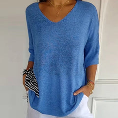 LIZAKOSHT - Women Casual Bat Sleeve Loose Temperament Blouse Blusa Elegant 3/4 Sleeve All Match Shirt 2024 New Style Office Knitted Tops