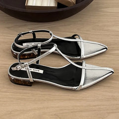 LIZAKOSHT - Fashion Clip Toe Sandals Women Flats Heels Ladies Shoes Narrow Band Gladiator Sandals Party Dress Ankle Strap Shoes Sliver Mujer