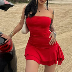 LIZAKOSHT - Hotties 2025 Solid Color Sexy Tube Top Short Dresses Strapless Off-shoulder Backless High Waisted Ruffles Folds Party Dress