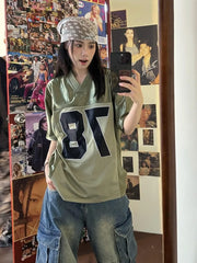 LIZAKOSHT - Y2k Sport Number Oversized T Shirt Women Short Sleeve V-neck Basketball Tees American Retro Hip Hop Harajuku Casual Tops
