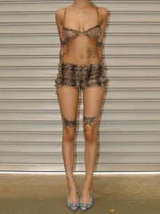 LIZAKOSHT - Women Sexy Leopard Print Two Piece Set Ruffles Camis Bra Crop Tops + Low Waist Shorts Summer Holiday Beach Outfits Suit