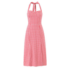 LIZAKOSHT - Women Sleeveless Side Slit Back Smocking Halter Neck Tala Linen Dress Tomato Check