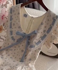 LIZAKOSHT - Summer Floral Lace Chic Dress Women Square Neck Puff Sleeve Bow High Waist Princess Dress Sweet Cute Elegant Casual Party Dress