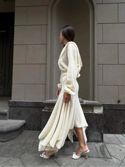 LIZAKOSHT - Irregular Ruffled Hem Long Skirt Women Suits V-shape Lapel Long Sleeved Shirt 2-pieces Sets 2024 New Ladies Highstreet Outfits