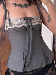 LIZAKOSHT - Lace Cute Bow Sexy Camisoles Slim Y2K Aesthetic Backless Top Women's Vest Hot Chic Sweet Casual Lace Up Outfits