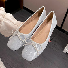 LIZAKOSHT - Bling Ballet Flats Women Shoes Square Toe Shiny Spring Autumn Footwear Women Shallow Fashion Comfort Sweet Bow Mary Jane Shoes