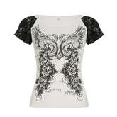 LIZAKOSHT - Contrasting Printed Raglan T-shirt Women's Summer Y2K Hot Girls Casual Tight Fitting O-neck Top Fashion Female Clothes