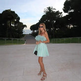 LIZAKOSHT - Halter Bikini Puffy Skirt Two Piece Set Mesh Folded Pleated Mint Green 3D Flower Strapless Top Beach Pleated Skirts Suit Women