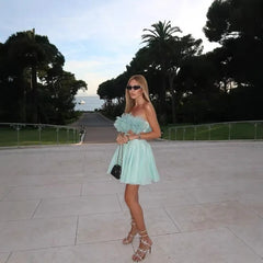 LIZAKOSHT - Halter Bikini Puffy Skirt Two Piece Set Mesh Folded Pleated Mint Green 3D Flower Strapless Top Beach Pleated Skirts Suit Women