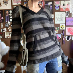 LIZAKOSHT  -  Aesthetic Striped Knitted Hooded Sweaterwith Pockets Autumn Casual Long Sleeve Pullovers Tops 90s Cyber Grunge Vintage Jumpers