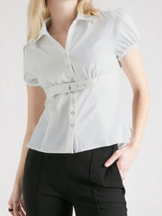 LIZAKOSHT - Ladies Stylish Solid Color Blouse with Short Puff Sleeves and Turn Down Collar Casual Button Up Shirt for Summer Fashion