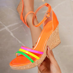LIZAKOSHT - Womens Narrow Strap Mixed Color Ankle Strap Platform wedges Sandals Sexy Pointed Toe Open Toe Hollow Party Heels Shoes Pumps
