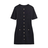 LIZAKOSHT - Gold Button Pocket Knitted Short Dresses Solid Color Round Neck French Simple Slimming Fashion Single Breasted Straight Dress