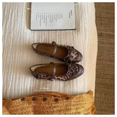 LIZAKOSHT - Autumn Fashion Leopard Print Flats Shoes Women Ankle Strap Flats Square Toe Bow Knot Leisure Soft Comfort Female Mary Janes