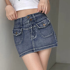 LIZAKOSHT High Street Vintage Pocket Diamonds Mini Denim Skirt Women High Waist Slim A-Line Short Skirt q659
