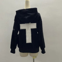 LIZAKOSHT  -  American Vintage Punk Embroidery Cross Autumn Winter Cardigan Hooded Sweatshirt Jacket Fleece Streetwear Black Long Sleeve Coat