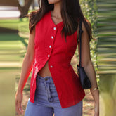 LIZAKOSHT - Trendy Leisure Sleeveless O-neck Open Front Tops Elegant Lady multi-color Tank Tops Temperament Single Breasted Commute Camisole