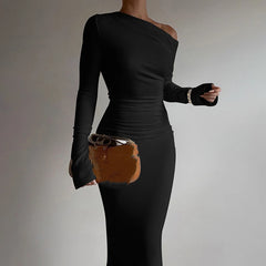 LIZAKOSHT - Fall Sexy Skew Collar Long Sleeve Party Dress Women Casaul Solid Slim Bodycon Hips Dress Spring Ladies Elegant Boho Long Dresses