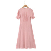 LIZAKOSHT - Vintage French Style Polk Dot Print Spliced Lace Deep V neck Short Sleeve Dress Woman A-lined Midi Long Dresses Vestidos Robe