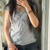 LIZAKOSHT - Women Y2k Fairy Coquette Shirt Cute Puff Short Sleeve Button Down Frill Trim Smocked Tops Aesthetic Grunge Streetwear