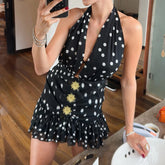 LIZAKOSHT - Holiday Style Leisure Sexy Polka Dot Printed Deep V-neck Backless Sleeveless High Waist Lacing Short Dresses Vintage Outfit