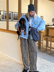 LIZAKOSHT - Women Vintage Overalls Leopard Printed Baggy Wide Leg Pants 2024 Spring Casual Hip-hop Cargo Grunge Baggy Trousers High Street