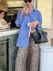 LIZAKOSHT - Vintage Leopard Print Wide Leg Pants For Women Fashion Casual High Waist Trousers 2024 Spring New Female Commuting Streetwear