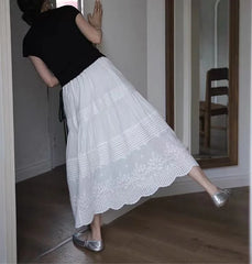 LIZAKOSHT - French Retro High-Waisted Drape Skirt Women Summer Small Midlength Slim Lace Embroidery A-Line Umbrella Skirt