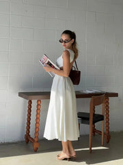 LIZAKOSHT - Elegant White Open Back Midi A-line Dresses For Women Sexy Sleeveless O-neck High Waist Pleated Dress Lady Evening Party Vestido