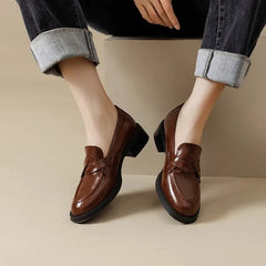 LIZAKOSHT - Retro Spring Autumn Women's round Toe Thick Heel Slip-On Loafers British Style Fashion Single Shoes Comfortable Leather