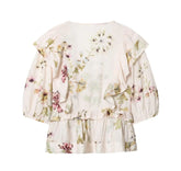 LIZAKOSHT - BOHO Light Pink Floral Print Tie Bow Sashes Wrap Shirt Short Women V neck Puff Sleeve Wood ears Waist Kimono Blouse Holiday Cape