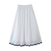 LIZAKOSHT - 2024 Women Contrast Floral Embroidery White Skirt Back Elastic Waist A-line Summer Long faldas largas