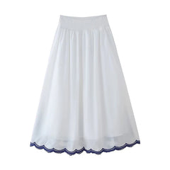 LIZAKOSHT - 2024 Women Contrast Floral Embroidery White Skirt Back Elastic Waist A-line Summer Long faldas largas