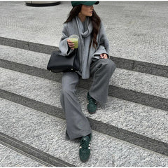LIZAKOSHT - Women Fashion Grey Cropped Oversized Knitted Pullover Chic Scarf Collar Long Sleeve Loose Sweater Lady High Street Jumpers