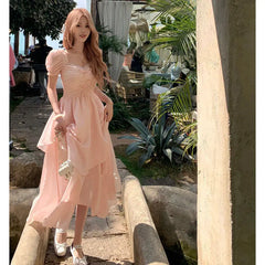 LIZAKOSHT  -  Summer Sweet Bow Chiffon Dress Vintage Fairy Irregular Square Collar Dress Sundress Princess Mini Pink Holiday Dress Vestido New