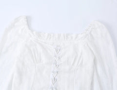 LIZAKOSHT - Sweet Embroidery White Cross Lacing up Bow Front Long Puff Sleeve Shirt Women Slash Collar Elastic Back Slim Crop Top blouses