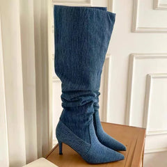 LIZAKOSHT - Pleated High Heels Denim Boots for Women Autumn Jeans Knee High Cowboy Boots Woman Blue Thin Heeled Long Botas Feminina
