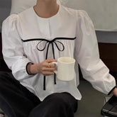 LIZAKOSHT - Korean Fashion Casual All-match Blusas Mujer 2025 Summer New Black Blouses Y2k E-Girl O-neck Bow Lace Up Shirts Women