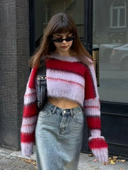 LIZAKOSHT - Early Spring Street American Retro Spicy Girl Stripe Contrast Knitted Sweetheart Academy Style Versatile Short Sweater