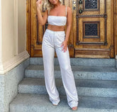 LIZAKOSHT - Summer bright silk double layer crop top+straight pant two piece set Black Silver Pink women outfit new in matching sets