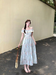 LIZAKOSHT  -  Beautiful Lace Square Neck Small Flying Sleeve Floral Dress with Temperament Waist-hugging and Slimming A-line Long Skirt