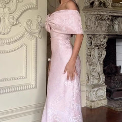 LIZAKOSHT - Pink Off Shoulder Big Bow Mermaid Maxi Dresses Floral Embossed Satin Slim Floor Length Formal Wedding Guest Evening Party Gown