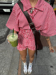 LIZAKOSHT  -  Women Two-Piece Set Of Plaid Short Sleeve Shirt Top Shorts Lapel Pleated Waist Cinched Shirts Blouse Checkered Beach Shorts Suit