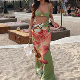 LIZAKOSHT - Cool Summer series hollow out pleated slim fit dress bikini cover sun protection sexy long skirt beach vacation print dress