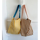 LIZAKOSHT - Fashion Ladies Contrast Striped Canvas Handbag Large Capacity Shoulder Bag For Female Simple Beach Vintage Casual Totes
