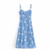 LIZAKOSHT - Sexy Women Corset Style Hem Slit Midi Robe Vestido Retro French Women Blue Daisy Flower Print Bow Lacing Up Sling Dress Retro