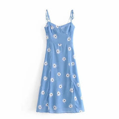LIZAKOSHT - Sexy Women Corset Style Hem Slit Midi Robe Vestido Retro French Women Blue Daisy Flower Print Bow Lacing Up Sling Dress Retro