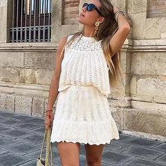LIZAKOSHT - Boho Beach Crochet Knit Lace Dress Sets for Women Vintage Casual Sleeveless O-neck Tops Ruffles Mini Skirts Suit Dresses
